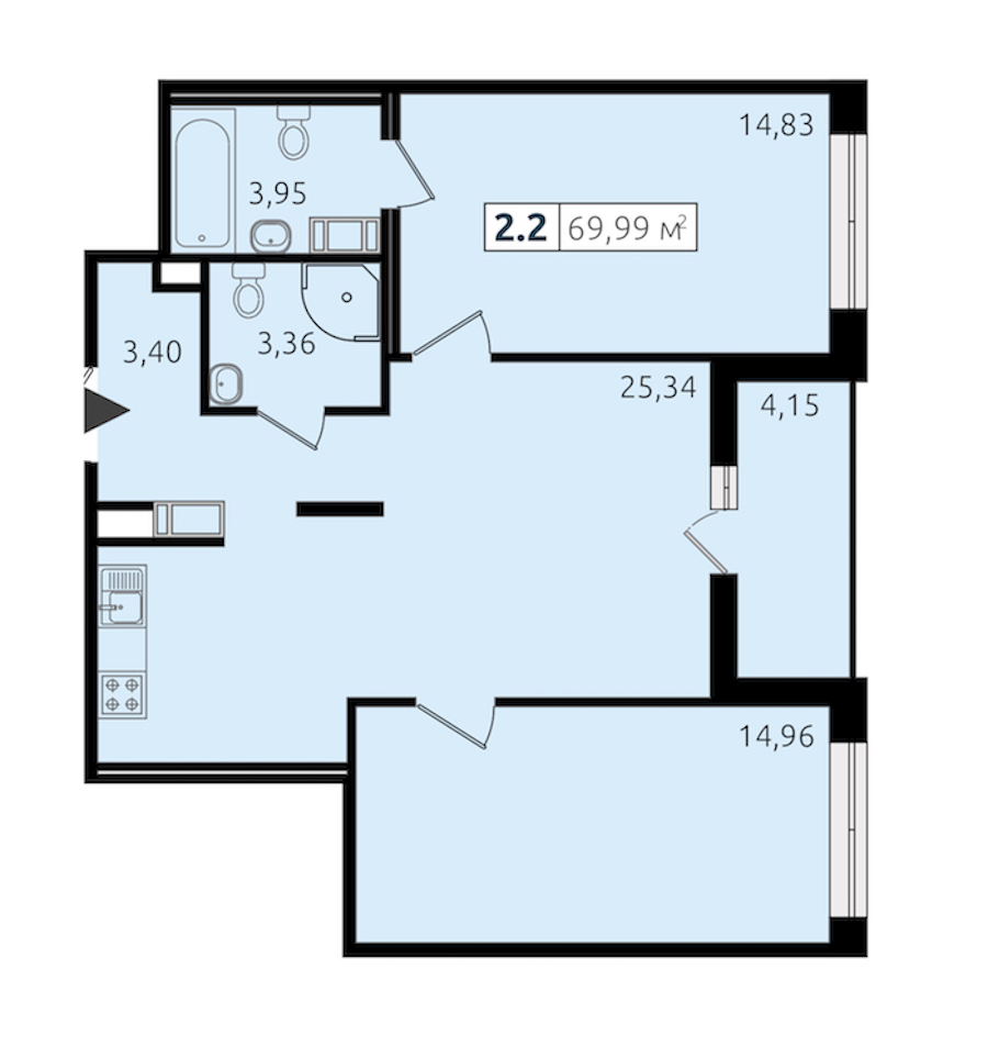 2-комнатная квартира 66.01 м², 7/13 эт., ЖК «Чёрная речка»
